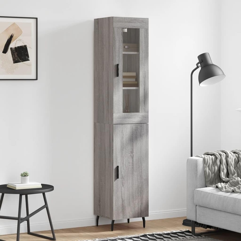 Colonne gris Sonoma 34,5 x 34 x 180 cm avec portes et pieds metalliques, meuble elegant pour couloir salon ou salle a manger