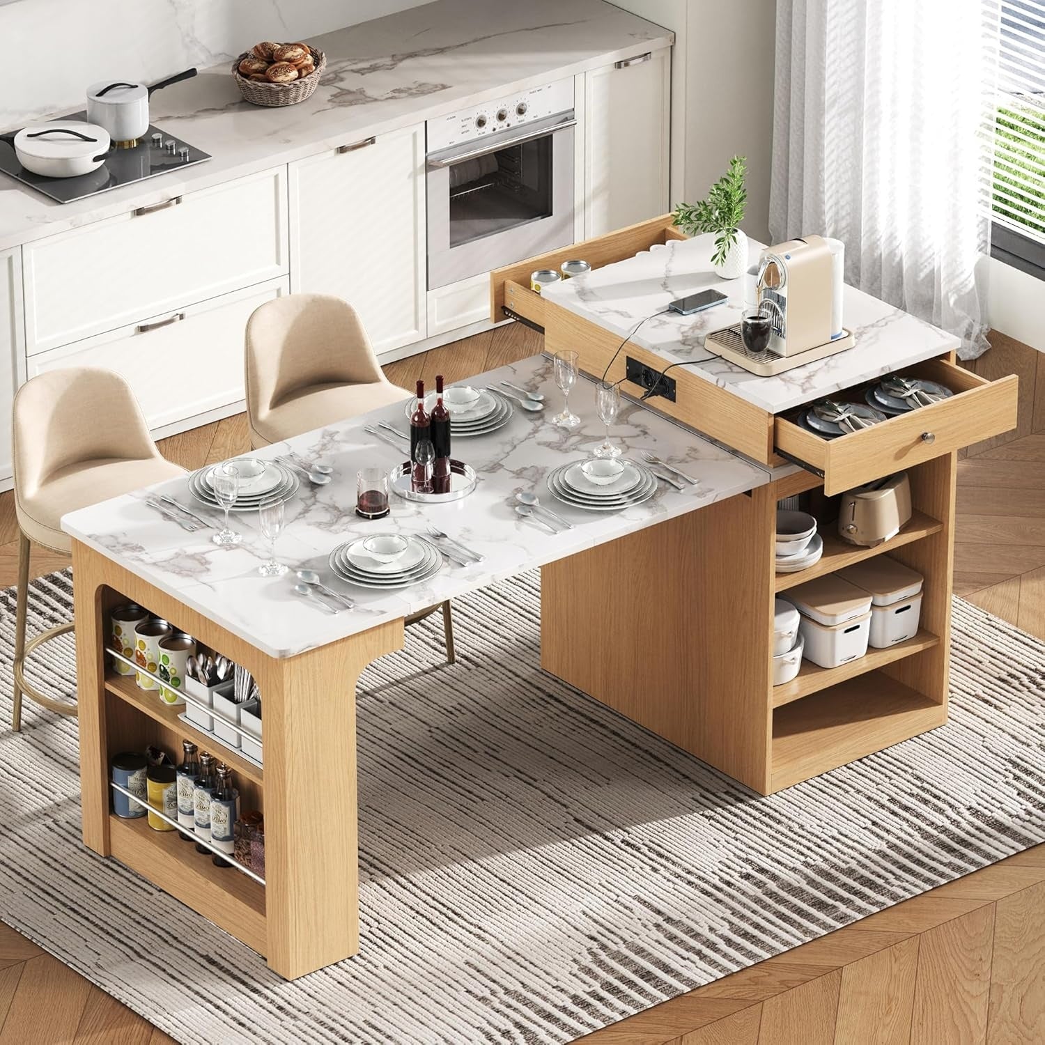 Ilot de cuisine mobile extensible avec rangement integre, ports USB, tiroirs et surface repas pour cuisine ouverte