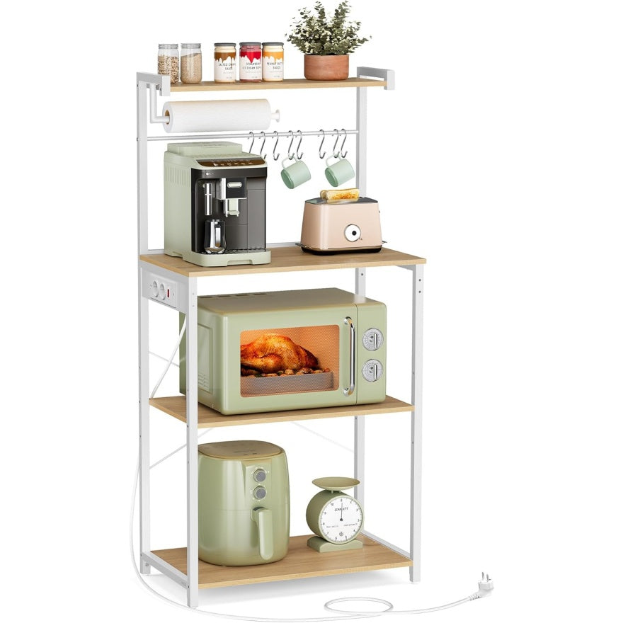Etagere cuisine avec prise integree, bar cafe 4 niveaux, 8 crochets et support micro-ondes, finition chene dore et blanc