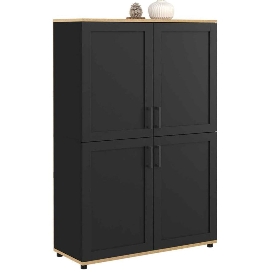 Armoire haute noir et bois 125 cm avec quatre portes, rangement vertical pratique pour cuisine salon ou salle a manger