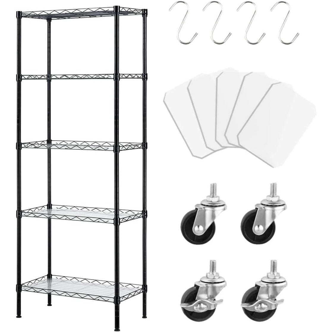 Etagere noire en metal cinq niveaux, rangement vertical multifonction pour cuisine salle de bain garage ou balcon, 42 x 30 x 150 cm