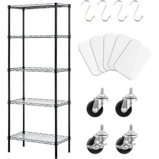 Etagere noire en metal cinq niveaux, rangement vertical multifonction pour cuisine salle de bain garage ou balcon, 42 x 30 x 150 cm