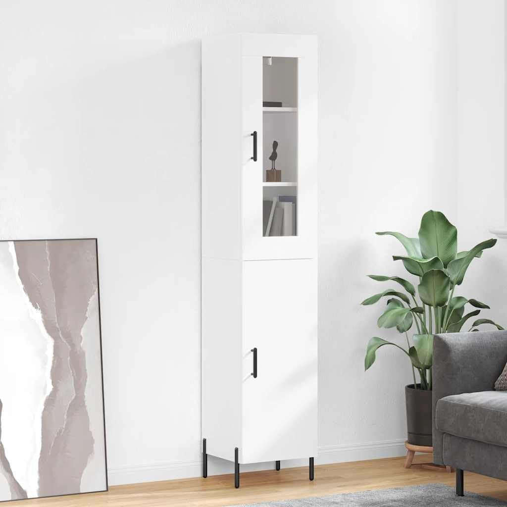Colonne blanche en bois composite 34,5 x 34 x 180 cm avec portes et pieds metalliques, meuble d organisation pour entree salon bureau et salle a manger