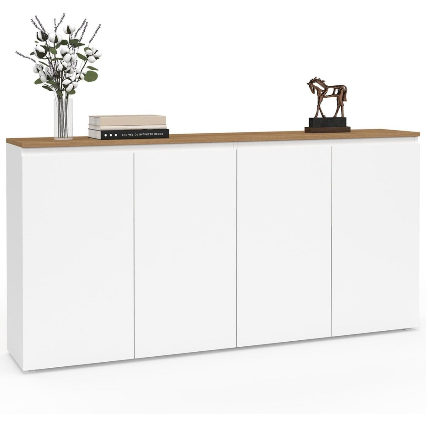 Buffet quatre portes de 160 cm avec facade blanche et plateau imitation bois, meuble spacieux pour rangement quotidien