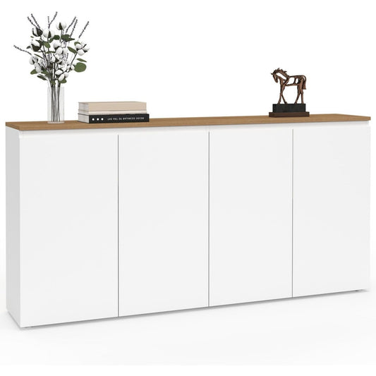Buffet quatre portes de 160 cm avec facade blanche et plateau imitation bois, meuble spacieux pour rangement quotidien