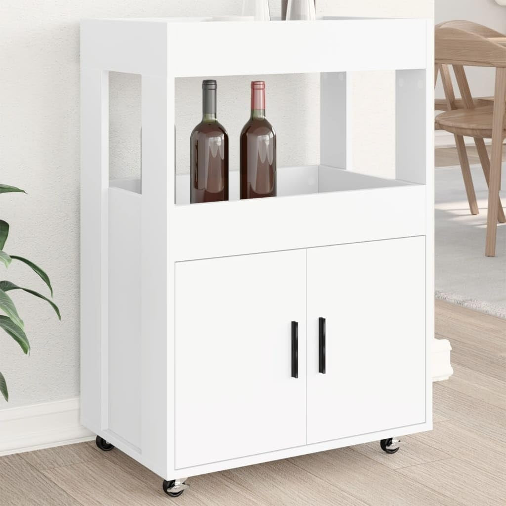 Desserte de bar blanche en bois 60 x 39,5 x 89 cm avec roulettes et rangement, chariot polyvalent pour cuisine salon et salle a manger