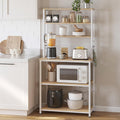 Etagere de cuisine industrielle avec 6 niveaux et 6 crochets, support machine a cafe et micro-ondes en finition chene blanc
