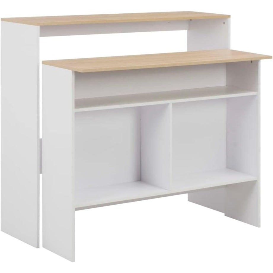 Table de bar blanche effet chene 130 x 40 x 120 cm avec 2 plateaux mobiles pour cuisine et salle a manger moderne