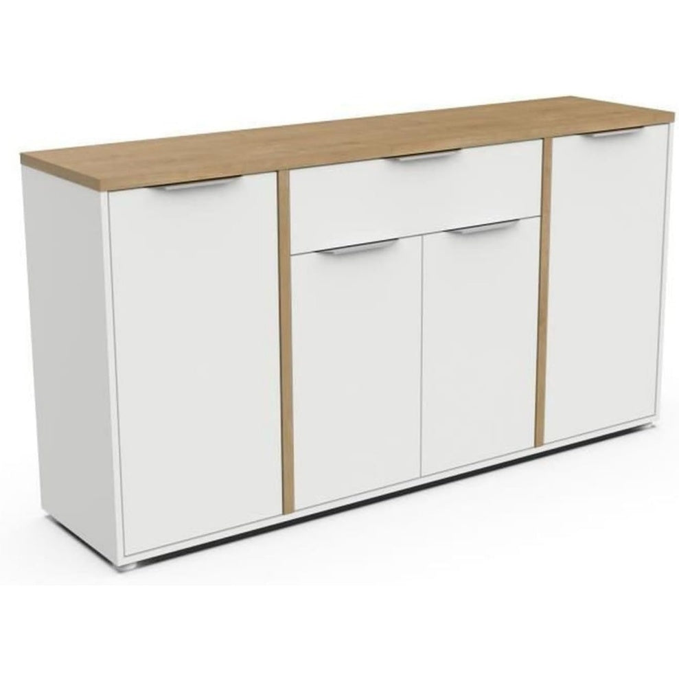 Buffet blanc mat et chene Hamilton 160,7 cm avec quatre portes et tiroir, style scandinave pour rangement maison