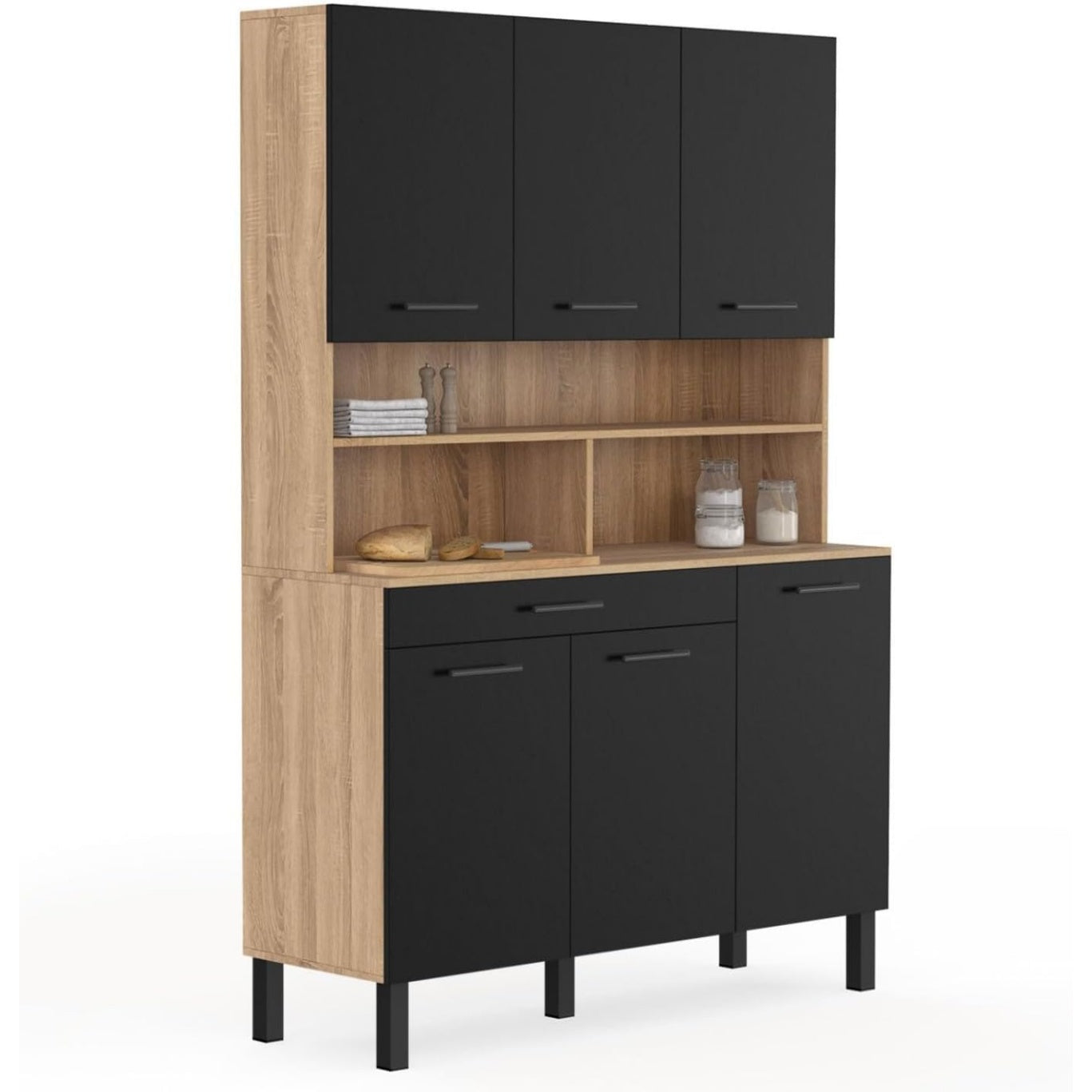 Buffet de cuisine 120 cm avec six portes et un tiroir, finition bois hetre et noir, meuble pratique pour organiser la vaisselle et les accessoires