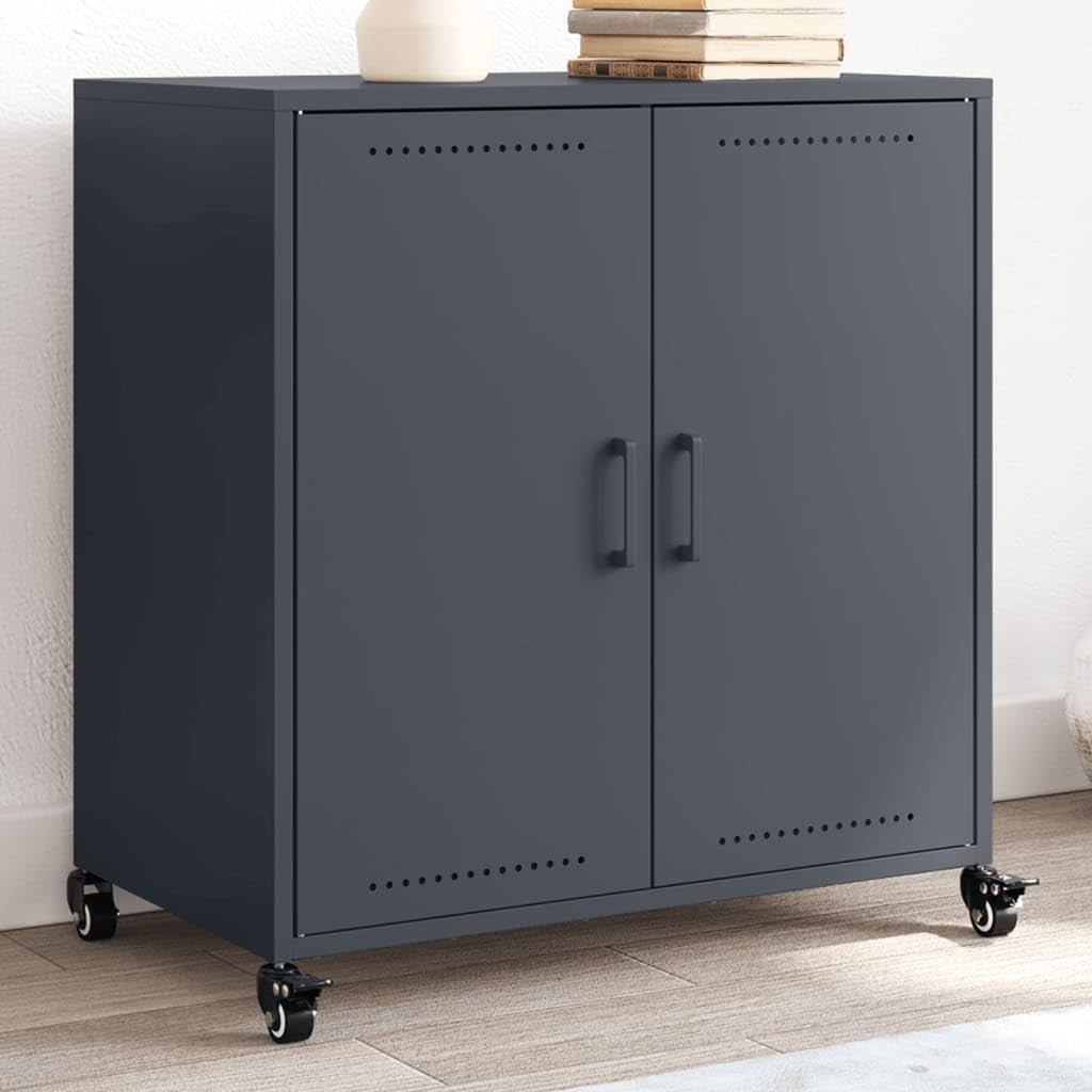 Meuble bas anthracite en acier 68 x 39 x 72 cm avec deux portes et roulettes, rangement mobile pour cuisine et salon