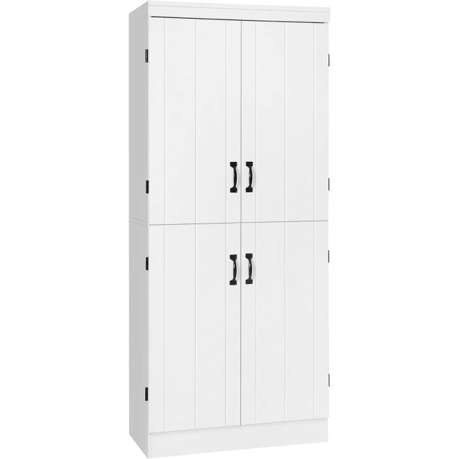 Armoire haute de cuisine avec quatre portes, six niveaux de rangement et tablettes reglables, finition blanche