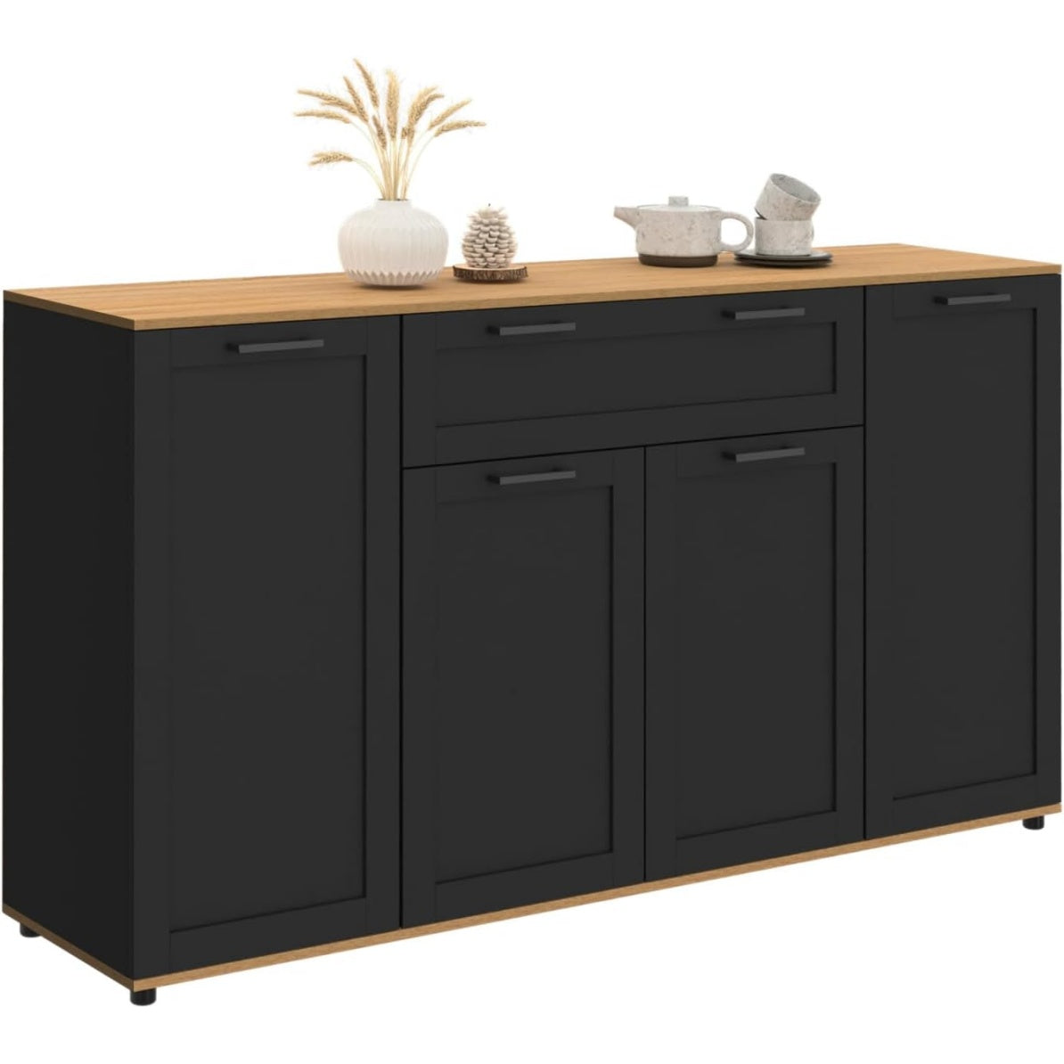 Buffet moderne 140 cm noir et bois avec quatre portes et tiroir de rangement pratique