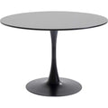 Table ronde noire minimaliste en MDF avec pied acier, diametre 110 cm pour quatre personnes, ideale salon salle a manger ou bureau