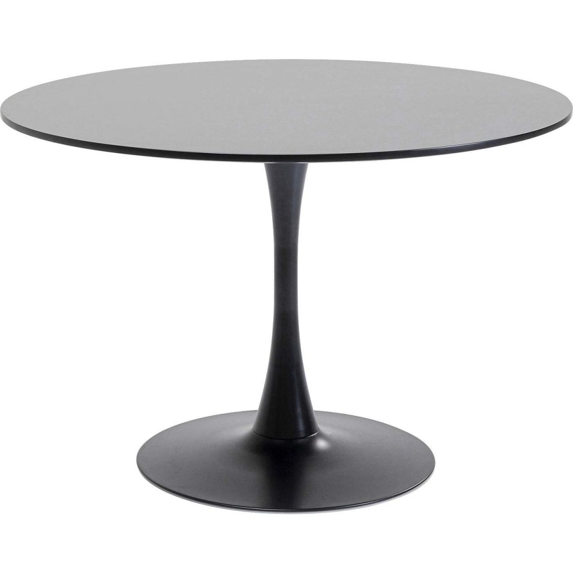 Table ronde noire minimaliste en MDF avec pied acier, diametre 110 cm pour quatre personnes, ideale salon salle a manger ou bureau