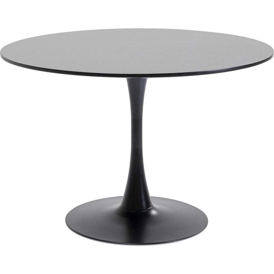 Table ronde noire minimaliste en MDF avec pied acier, diametre 110 cm pour quatre personnes, ideale salon salle a manger ou bureau