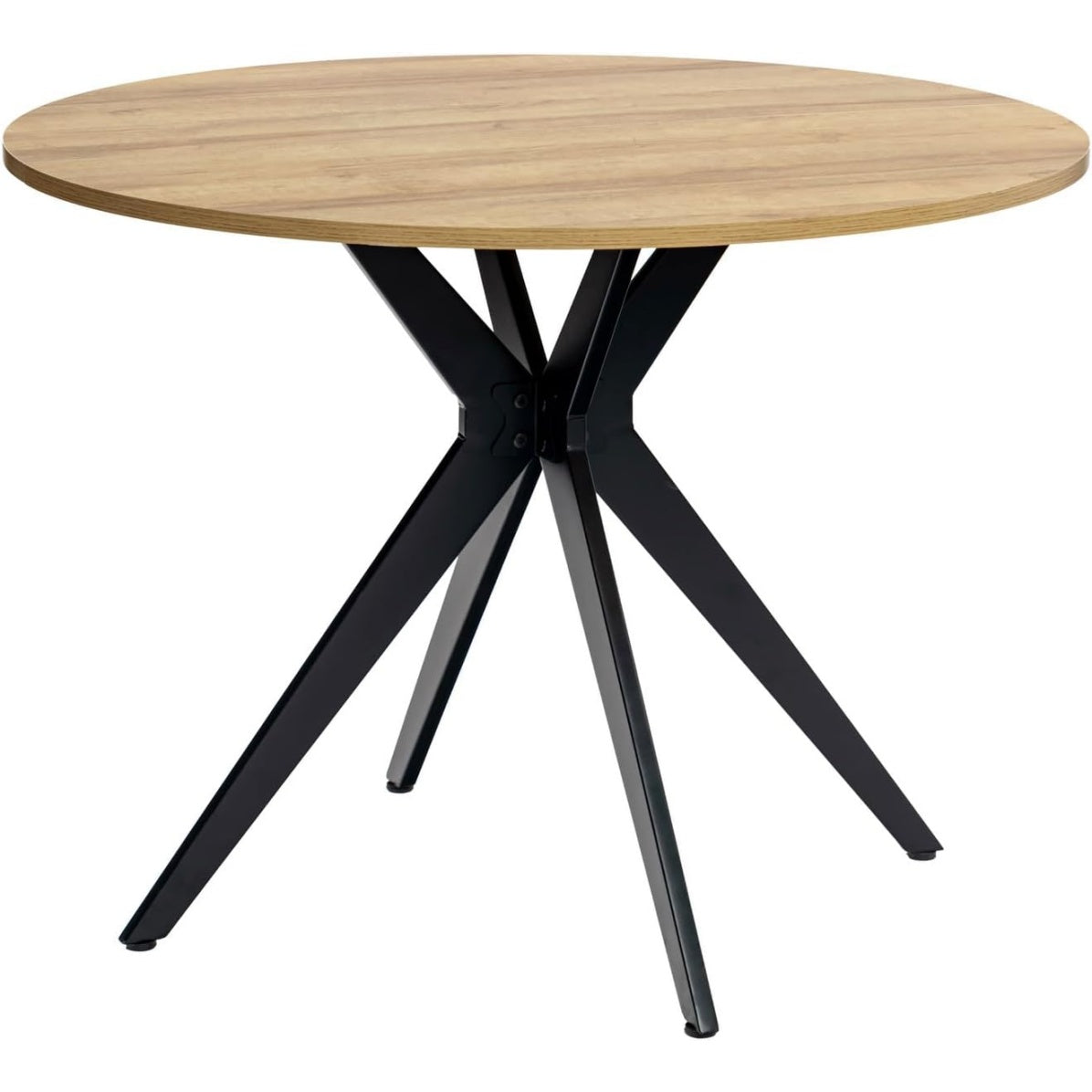 Table ronde vintage 100 x 100 x 75 cm pour quatre personnes, plateau en bois effet chene et structure metallique noire, ideale pour salon cuisine ou bureau