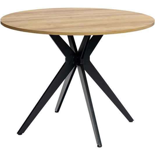 Table ronde vintage 100 x 100 x 75 cm pour quatre personnes, plateau en bois effet chene et structure metallique noire, ideale pour salon cuisine ou bureau